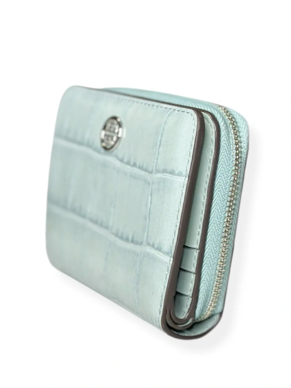 TORY BURCH Robinson Croc-Embossed Bifold Wallet - Blue Celadon